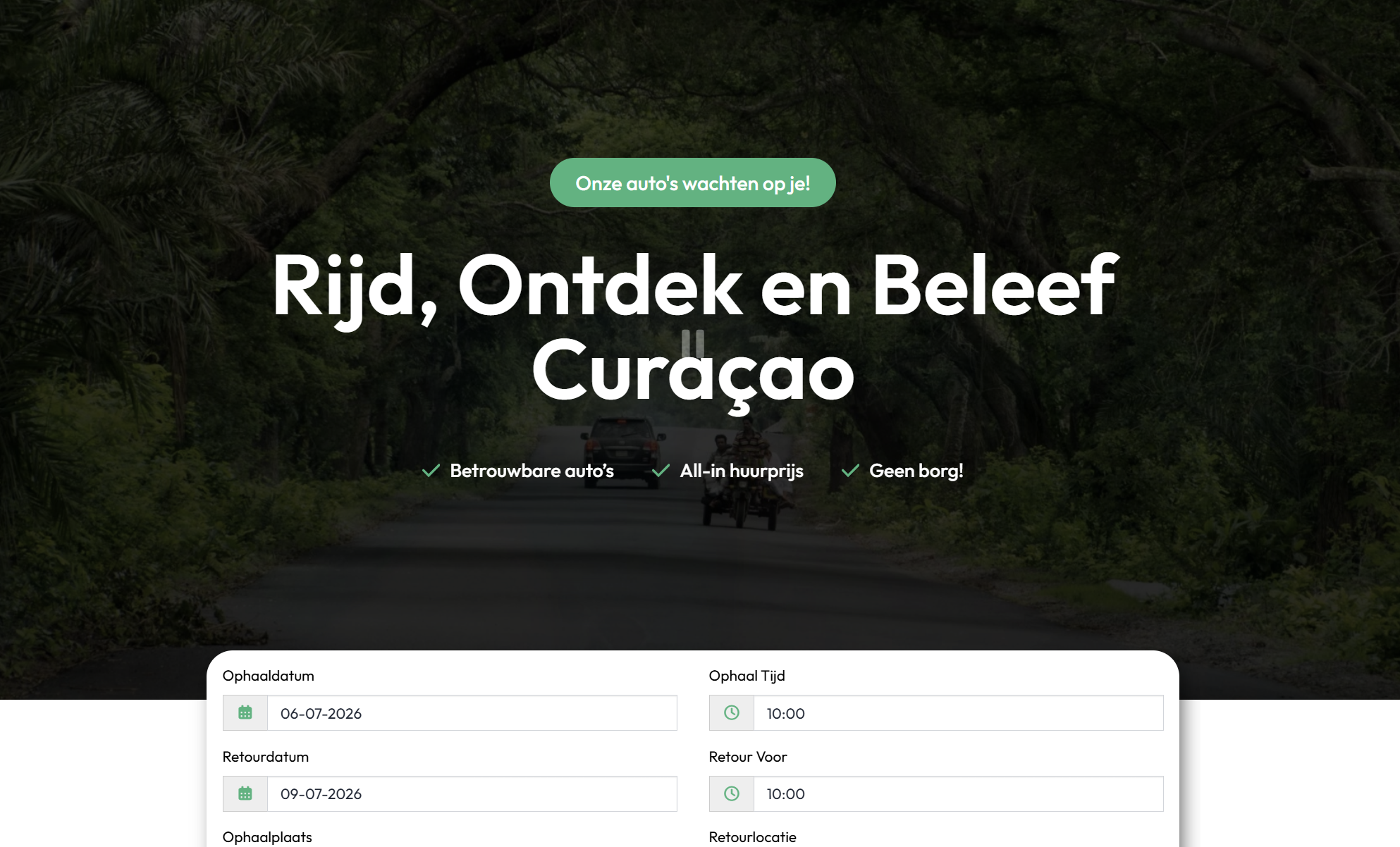 Car Rental Curaçao website met tropische wegafbeelding en boekingsformulier
